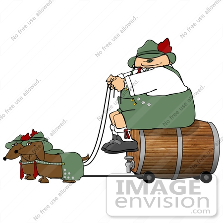 #17240 Caucasian Oktoberfest Man on a Beer Keg Wagon, Being Pulled by Two Dashund Dogs Clipart by DJArt
