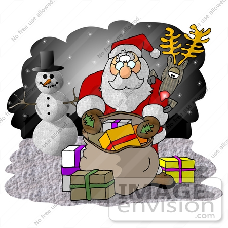 #17251 Santa Claus With a Sack of Christmas Presents, Rudolph the Red Nosed Reindeer, and Frosty the Snowman Clipart by DJArt