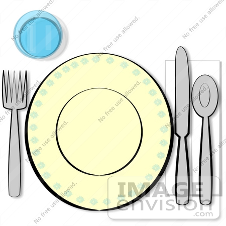 #17264 Table Place Setting With a Cup, Fork, Plate, Knife, Spoon and Napkin Clipart by DJArt