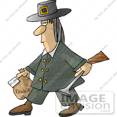 #17484 Pilgrim Turkey Hunter Man Carrying a Blunderbuss Gun and Frozen Turkey Clipart by DJArt