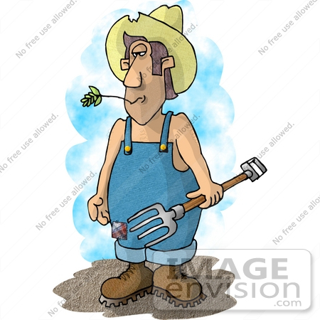 #17488 Redneck Farmer Man in Overalls Chewing on Straw and Carrying a Pitchfork Clipart by DJArt