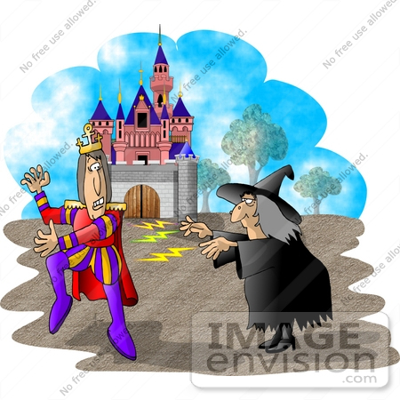 #17637 Warty Old Halloween Witch Casting a Spell on a Prince in Front of a Castle Clipart by DJArt