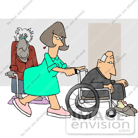 #17694 Nurse in a Hospital, Pushing a Senior Man in a Wheelchair, an Old Lady Using a Cane in the Background Clipart by DJArt