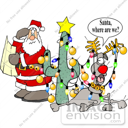 #17699 Santa and Rudolph the Red Nosed Reindeer Lost and Tangled in a Desert by a Cactus Clipart by DJArt