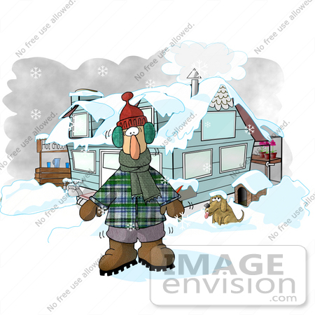 #17707 Man Outside a Hosue, Standing in Winter Clothing, Freezing Cold in the Winter Snow With a Dog, Greenhouse and Hot Chocolate Stand Clipart by DJArt