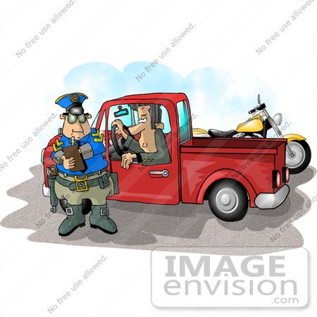 #17709 Motorcycle Cop Man Giving a Pickup Truck Driver a Traffic Ticket Clipart by DJArt