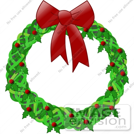 #17843 Holiday Christmas Wreath Decoration Made of Holly With Red Berries and a Bow Clipart by DJArt