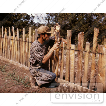 #17875 Photo of a Homesteader and Farmer Repairing a Wooden Slab Fence by JVPD