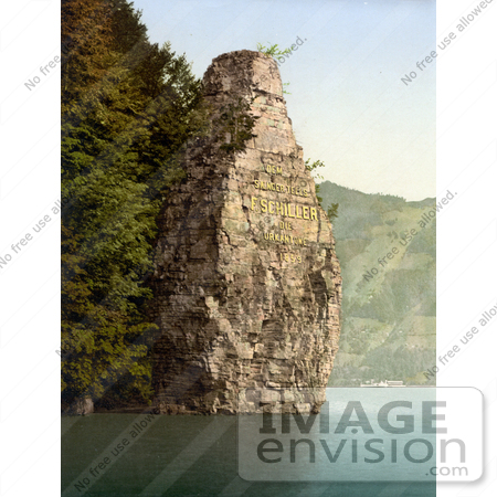 #17964 Picture of Mythenstein or Schillerstein Rock With Gold Dedicated Inscription to Friedrich Schiller, Schillerstein, Switzerland by JVPD