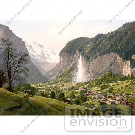 #18040 Picture of Staubbach Waterfalls in a Scene of Lauterbrunnen and Mountain Jungfrau, Swizerland by JVPD