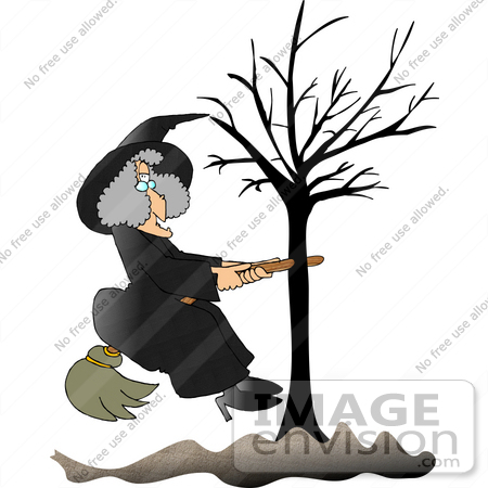 #18358 Witch Woman With Her Broom Stick Stuck in a Bare Tree Clipart by DJArt