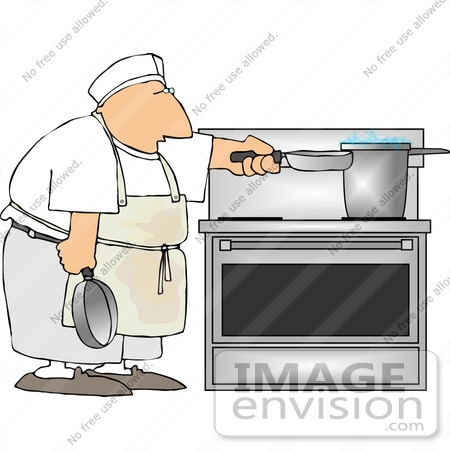 #18363 Male Short Order Cook Chef Cooking With Pots and Pans on a Stove in a Restaurant Kitchen Clipart by DJArt