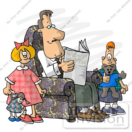 #18391 Father Reading a Newspaper, His Son and Daughter Playing Toys Clipart by DJArt
