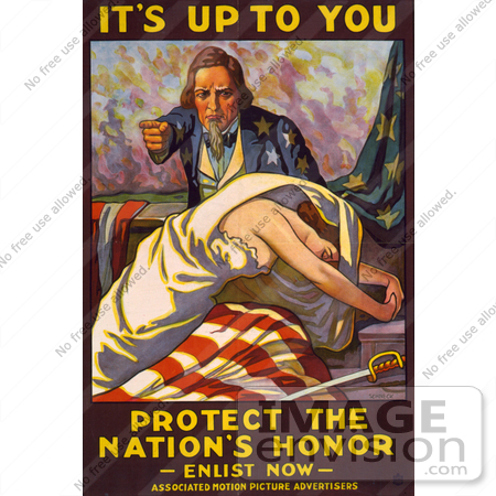 #1846 Stock Illustration of Uncle Sam Pointing Over A Woman In A White Dress, Stretching Over An American Flag by JVPD