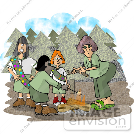 #18525 Girl Scout Troop Roasting Marshmallows on a Campfire in the Woods Clipart by DJArt