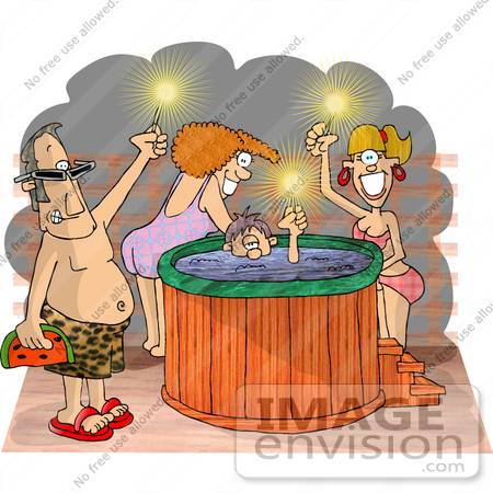 #18528 Two Caucasian Couples in Swimsuits With Sparklers at a Hot Tub Clipart by DJArt