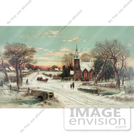 #18582 Photo of People Gathering at a Small Village Church on a Snowy Christmas Eve by JVPD