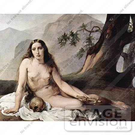 #18616 Photo of a Sorrowful Mary Magdalene Seated Nude With a Human Skull and Cross by JVPD