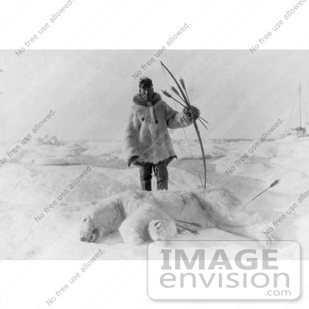 #18697 Photo of a Male Eskimo Hunter Man With Bow and Arrows, Standing Over a Killed Polar Bear by JVPD