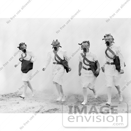 #18817 Photo of Four Female Nurses Walking Through Smoke and Wearing Gas Masks During a Training Drill by JVPD
