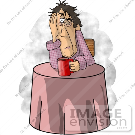 #18945 Exhausted Man at a Table, Drinking Coffee Clipart by DJArt