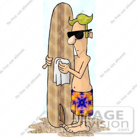 #18956 Male Surfer Dude Wiping Down His Surfboard on the Beach Clipart by DJArt