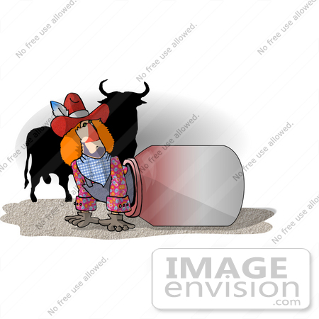 #18964 Rodeo Clown Crawling Out of a Container, a Bull in the Background Clipart by DJArt