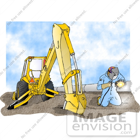 #18966 Man Kneeling and Welding by a Backhoe and Pipes at a Construction Site Clipart by DJArt