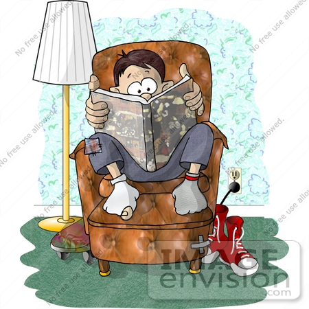 #18971 Boy Reading a Thriller Book While Sitting in a Chair Clipart by DJArt