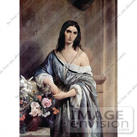 #18996 Photo of a Woman in a Blue Gown, Posing by Flowers, by Francesco Hayez by JVPD