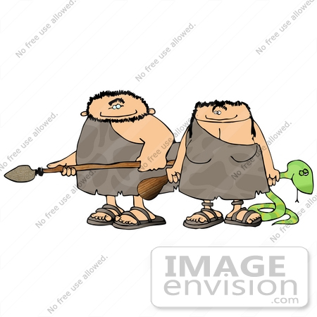 #19107 Caveman and Cavewoman With a Spear, Club and a Snake Clipart by DJArt