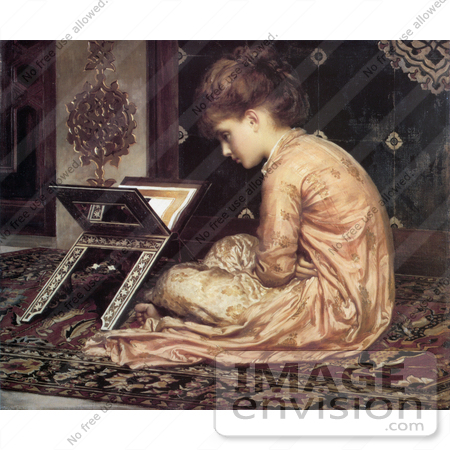 #19139 Photo of a Girl Sitting on a Carpet, Reading a Book at a Reading Desk by Frederic Lord Leighton by JVPD
