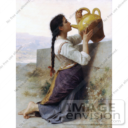 #19264 Photo of a Woman Kneeling by a Wall, Drinking Water From a Jar, by William-Adolphe Bouguereau by JVPD