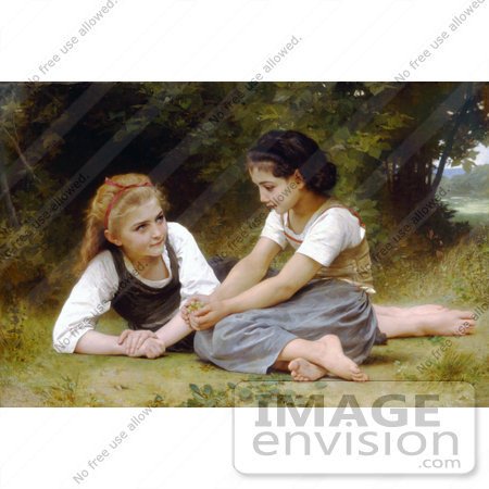 #19273 Photo of Two Girls Sitting in Grass, the Nut Gatherers by William-Adolphe Bouguereau by JVPD