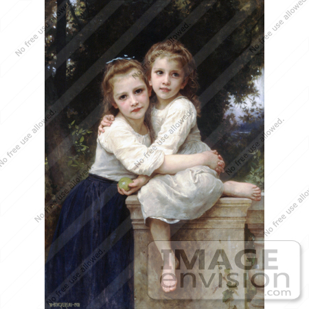 #19313 Photo of Two Sisters Hugging on a Stone Wall, by William-Adolphe Bouguereau by JVPD