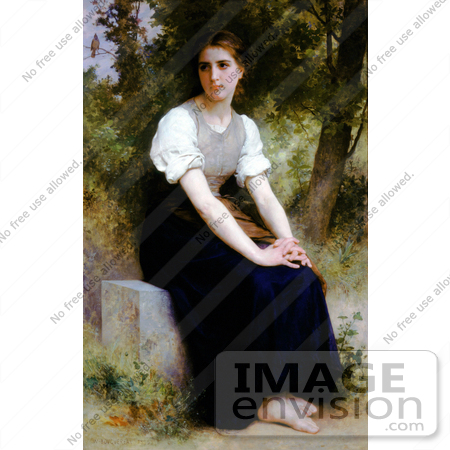 #19316 Photo of a Young Woman Sitting on a Stone Slab, The Song of the Nightingale by William-Adolphe Bouguereau by JVPD
