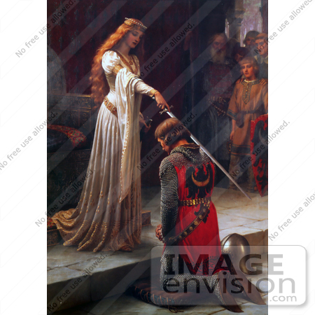 #19317 Photo of a Long Haired Maiden Holding a Sword Over a Man During a Knighting Ceremony, The Accolade by Edmund Blair Leighton by JVPD