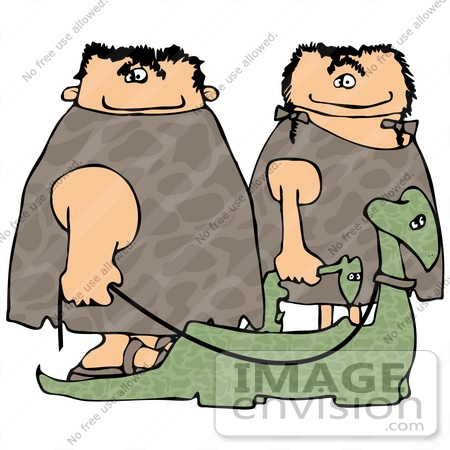 #19351 Caveman and Cave Woman Walking Their Pet Dinosaurs on Leashes Clipart by DJArt