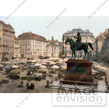 #19471 Stock Photo of an Equestrian Statue and Umbrellas in the Marketplace in Vienna, Austria by JVPD