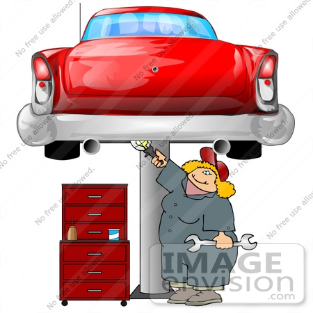 #20053 Blond Mechanic Woman Working on a Red Classic Car That is Raised on a Jack in a Garage Clipart by DJArt