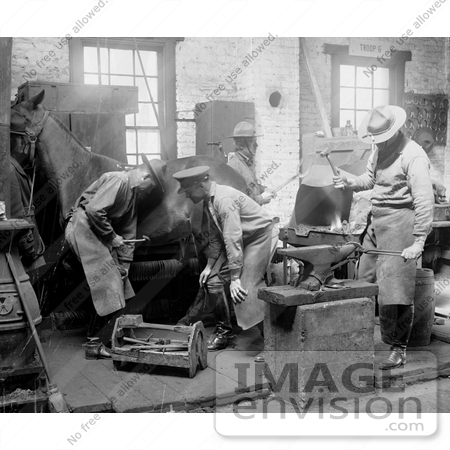 #20519 Historic Stock Photography of a Farrier Blacksmith and Helpers Shoeing a Horse by JVPD