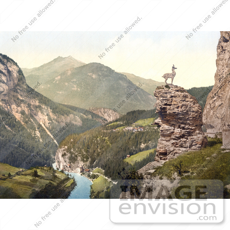 #20575 Historical Photochrome Stock Photography of Finstermunz Road With the Chamois Statue and Toll Bridge, Tirol, Austria by JVPD