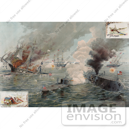 #20730 Stock Photography of Ironclad Warships, the USS Monitor and USS Merrimac During the Battle of Hampton Roads by JVPD
