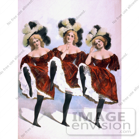 #20758 Stock Photography of Three Beautiful Chorus Girl Women in Red Dresses, Dancing and Entertaining by JVPD
