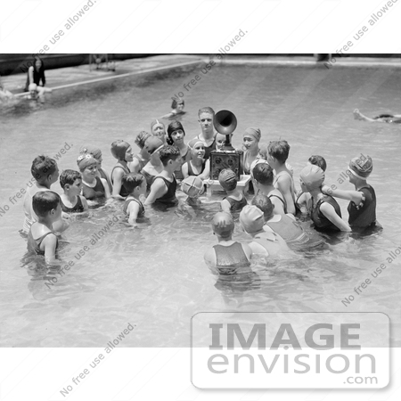 #20791 Stock Photography of Children Surrounding a Radio in Wardmark Parks Swimming Pool by JVPD