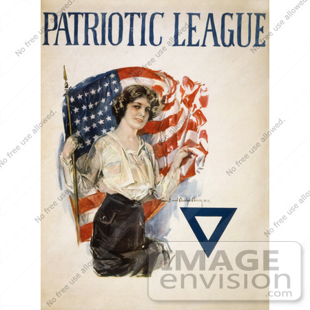 #20810 Stock Photography of a Young Patriotic Woman With a Blue Triangle and American Flag on a Vintage Patriotic League WWI Poster by JVPD