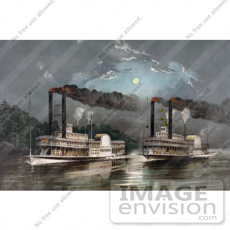 #20814 Stock Photography of Two Steamboats Racing on the Mississippi River at Night Under a Full Moon by JVPD
