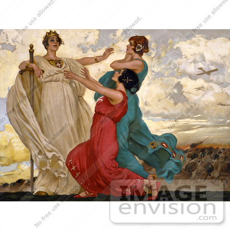 #20822 Stock Photography of a Vintage Italian World War Poster of Three Women in Gowns, One Holding a Sword by JVPD