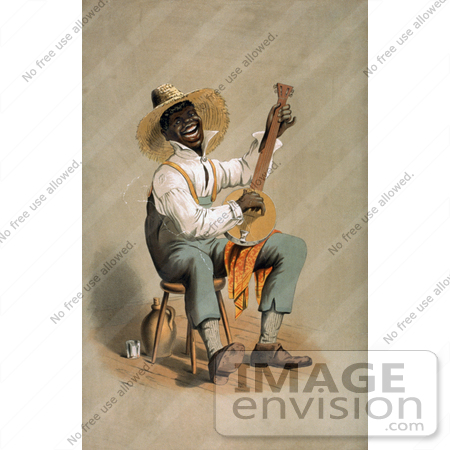 #20825 Stock Photography of an African American Man in a Straw Hat Playing a Banjo by JVPD
