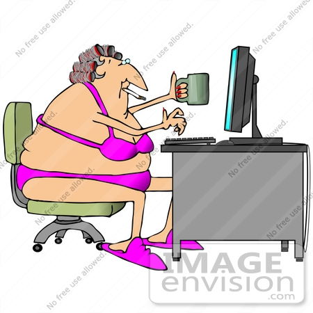#20848 Chubby Woman With Her Hair in Curlers, Wearing a Bra and Panties, Smoking and Drinking Coffee While Using a Computer Clipart by DJArt